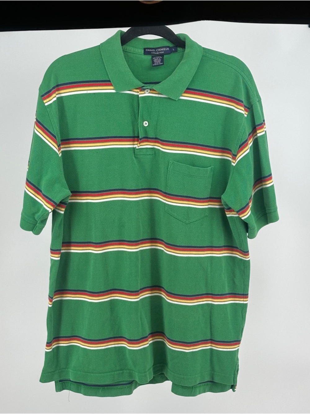 Men’s Large Vintage 80’s 90’sDaniel Cremieux Green Polo with Multi-Color Stripes